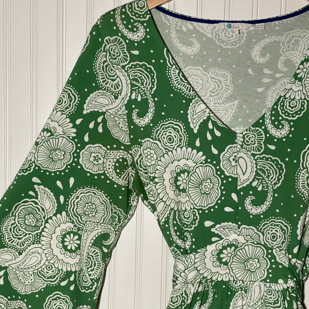 BODEN Quiet Luxury Green Paisley Trumpet Sleeve Tie Waist Midi Dress Soft Girl - Picture 11 of 14